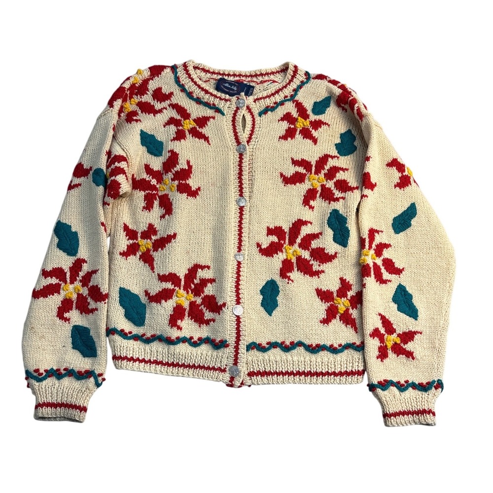 Allen Solly Petites Vintage Wool Poinsettia Cardigan Sweater Cream Red Medium